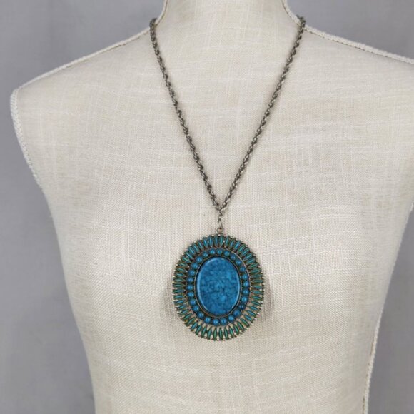 Southwest Aztec Large Turquoise Pendant Necklace Silver Tone Rope Chain - Picture 1 of 7